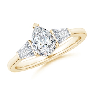 7.7x5.7mm FGVS Lab-Grown Pear and Twin Tapered Baguette Diamond Side Stone Engagement Ring in Yellow Gold