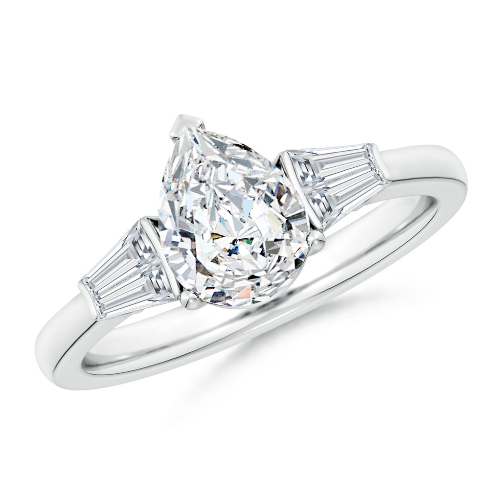 8.5x6.5mm FGVS Lab-Grown Pear and Twin Tapered Baguette Diamond Side Stone Engagement Ring in White Gold 