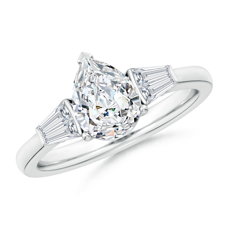 8.5x6.5mm FGVS Lab-Grown Pear and Twin Tapered Baguette Diamond Side Stone Engagement Ring in White Gold 