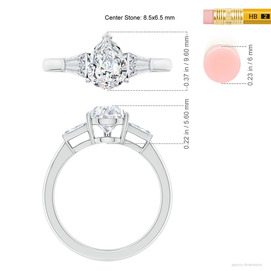8.5x6.5mm FGVS Lab-Grown Pear and Twin Tapered Baguette Diamond Side Stone Engagement Ring in White Gold ruler