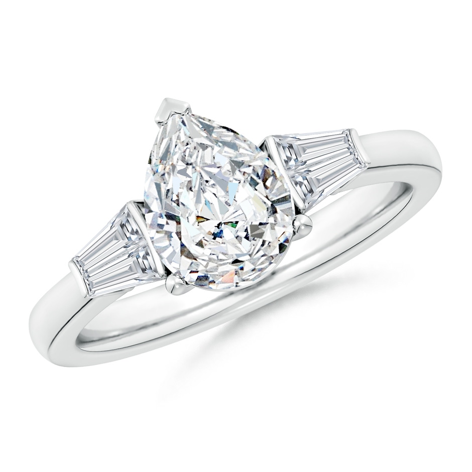 9x7mm FGVS Lab-Grown Pear and Twin Tapered Baguette Diamond Side Stone Engagement Ring in White Gold 