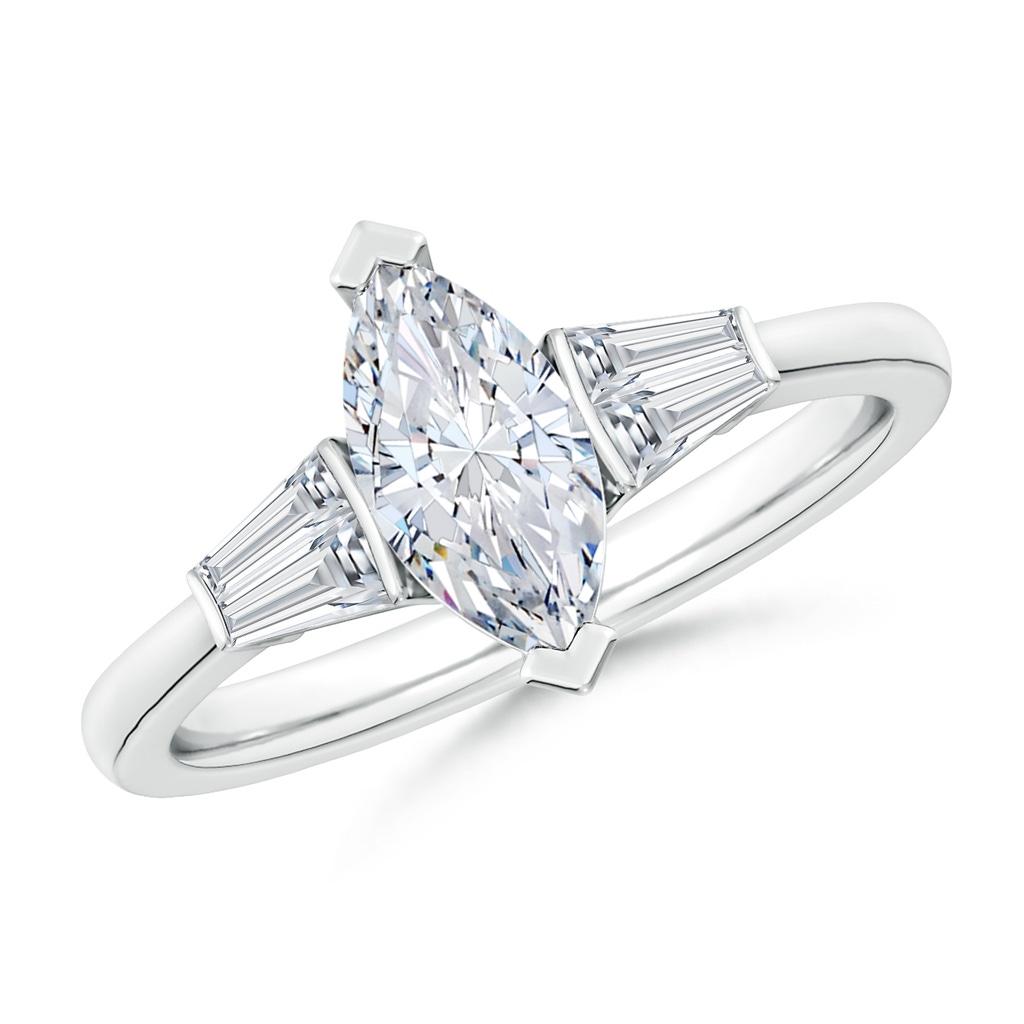 10x5mm FGVS Lab-Grown Marquise and Twin Tapered Baguette Diamond Side Stone Engagement Ring in White Gold