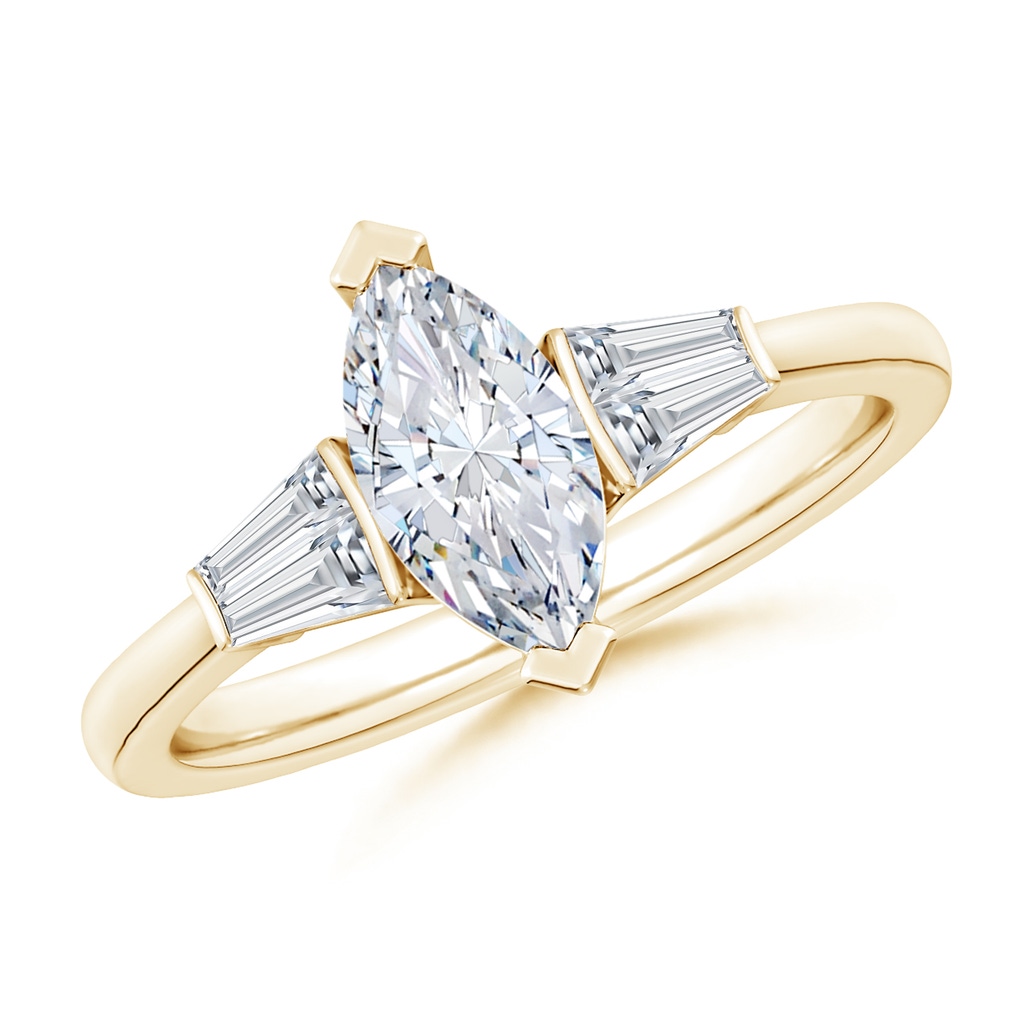 10x5mm FGVS Lab-Grown Marquise and Twin Tapered Baguette Diamond Side Stone Engagement Ring in Yellow Gold