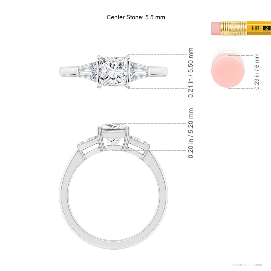 5.5mm FGVS Lab-Grown Princess-Cut and Twin Tapered Baguette Diamond Side Stone Engagement Ring in White Gold ruler