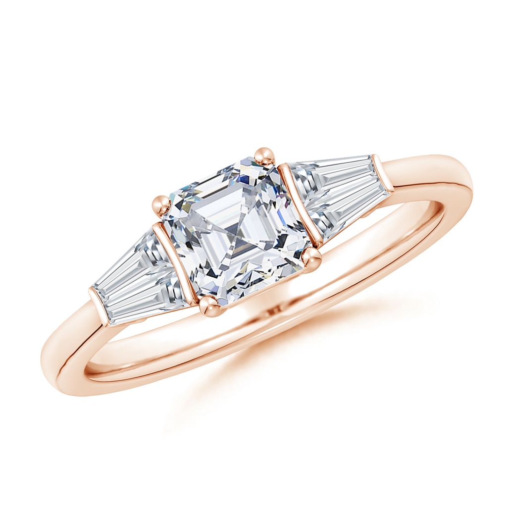 5.5mm FGVS Lab-Grown Asscher-Cut and Twin Tapered Baguette Diamond Side Stone Engagement Ring in Rose Gold