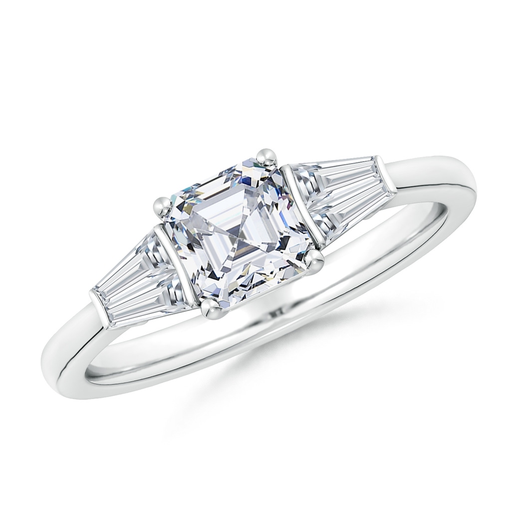 5.5mm FGVS Lab-Grown Asscher-Cut and Twin Tapered Baguette Diamond Side Stone Engagement Ring in White Gold