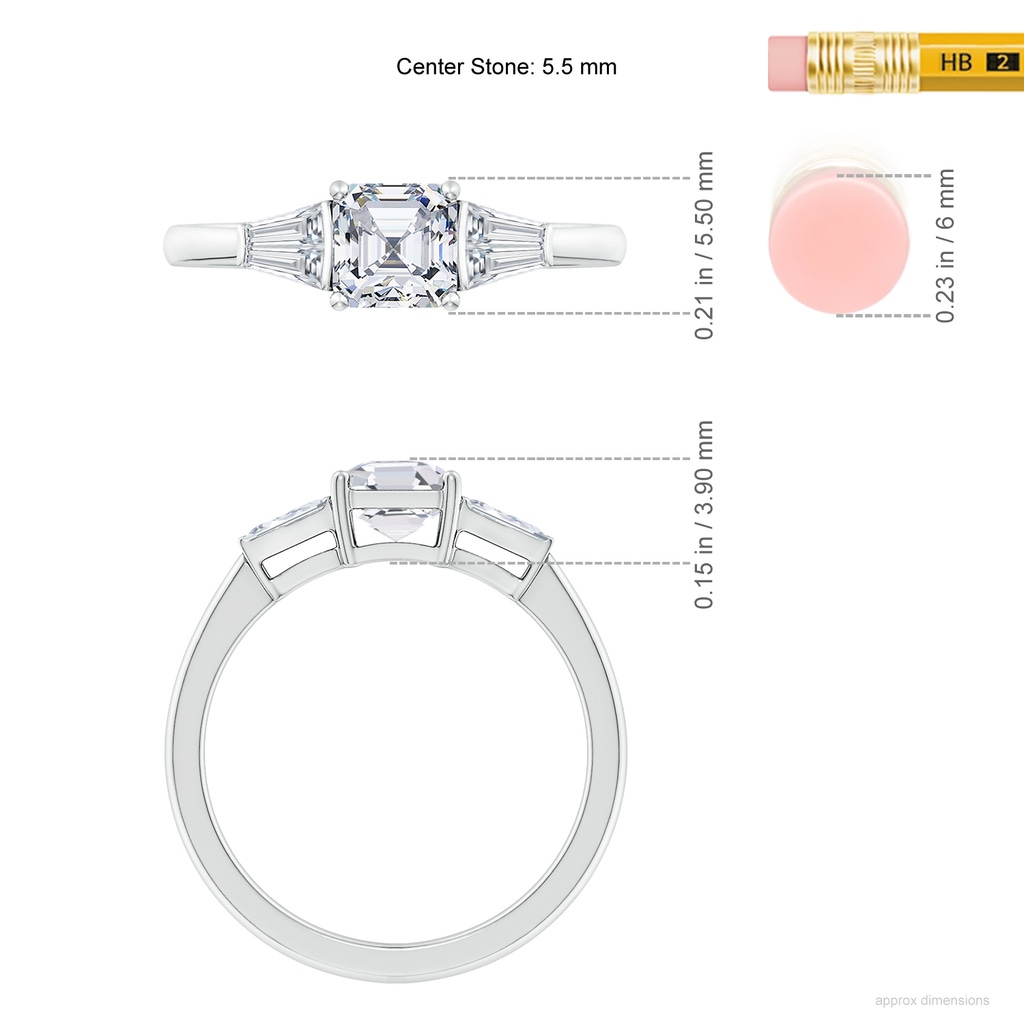 5.5mm FGVS Lab-Grown Asscher-Cut and Twin Tapered Baguette Diamond Side Stone Engagement Ring in White Gold ruler