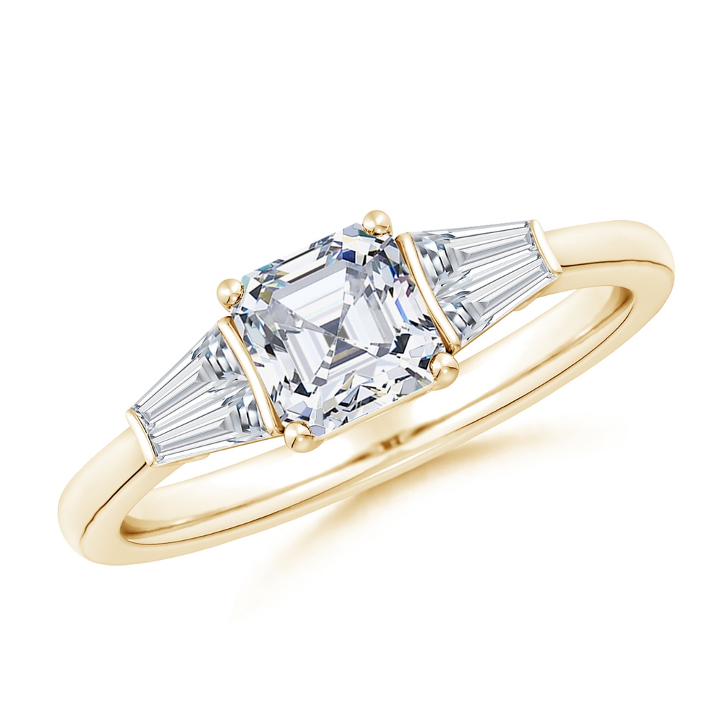 5.5mm FGVS Lab-Grown Asscher-Cut and Twin Tapered Baguette Diamond Side Stone Engagement Ring in Yellow Gold