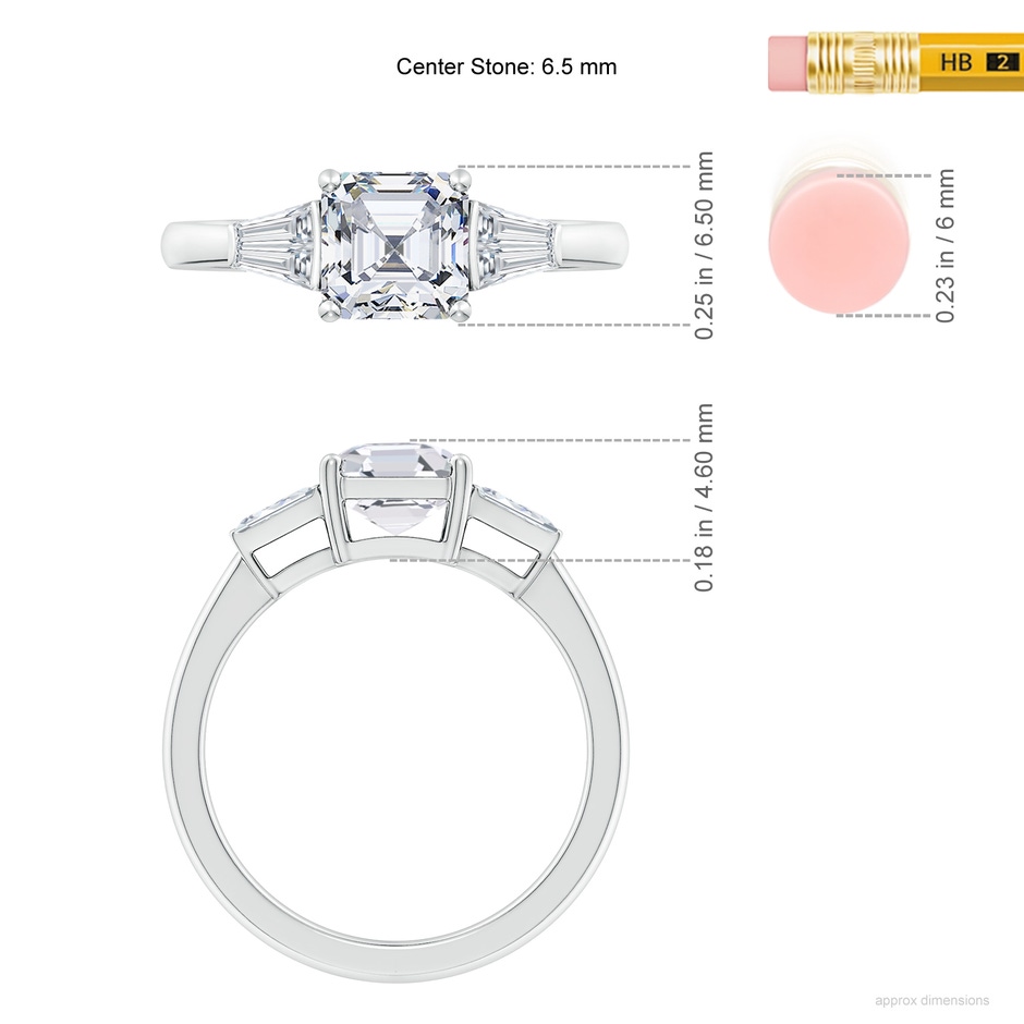 6.5mm FGVS Lab-Grown Asscher-Cut and Twin Tapered Baguette Diamond Side Stone Engagement Ring in P950 Platinum ruler