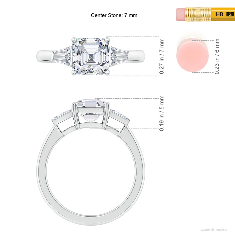 7mm FGVS Lab-Grown Asscher-Cut and Twin Tapered Baguette Diamond Side Stone Engagement Ring in White Gold ruler