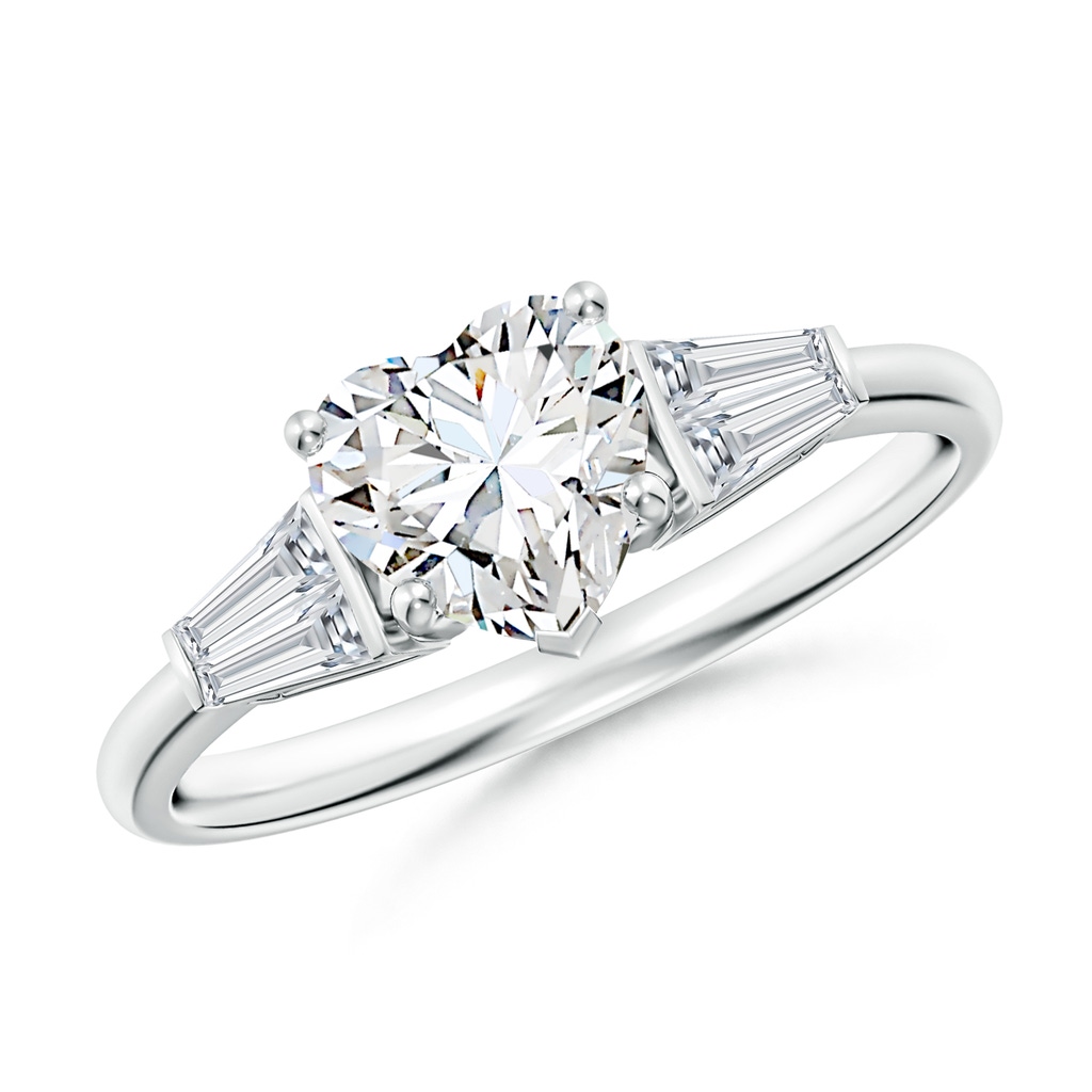 6.5mm FGVS Lab-Grown Heart and Twin Tapered Baguette Diamond Side Stone Engagement Ring in White Gold