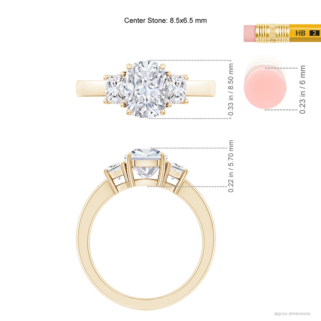 8.5x6.5mm FGVS Lab-Grown Cushion Rectangular and Trapezoid Diamond Three Stone Engagement Ring in Yellow Gold ruler