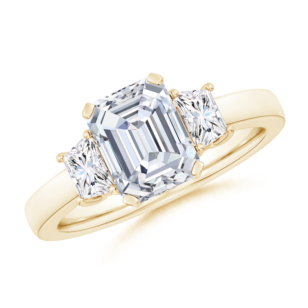 8.5x6.5mm FGVS Lab-Grown Emerald-Cut and Trapezoid Diamond Three Stone Engagement Ring in Yellow Gold