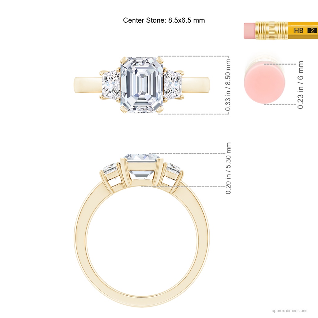 8.5x6.5mm FGVS Lab-Grown Emerald-Cut and Trapezoid Diamond Three Stone Engagement Ring in Yellow Gold ruler