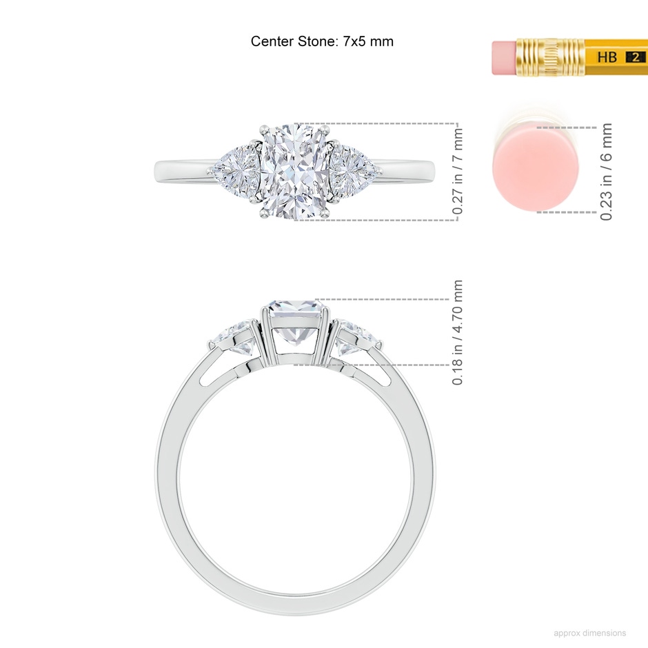 7x5mm FGVS Lab-Grown Cushion Rectangular and Trillion Diamond Three Stone Engagement Ring in White Gold ruler