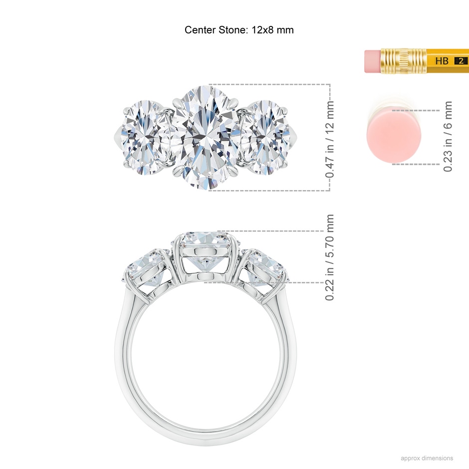 12x8mm FGVS Lab-Grown Oval Diamond Three Stone Knife-Edge Shank Engagement Ring in White Gold ruler