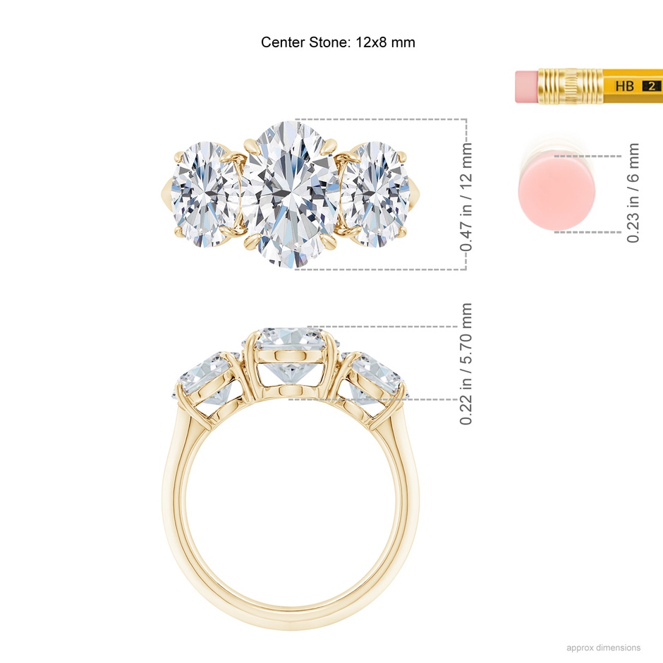 12x8mm FGVS Lab-Grown Oval Diamond Three Stone Knife-Edge Shank Engagement Ring in Yellow Gold ruler