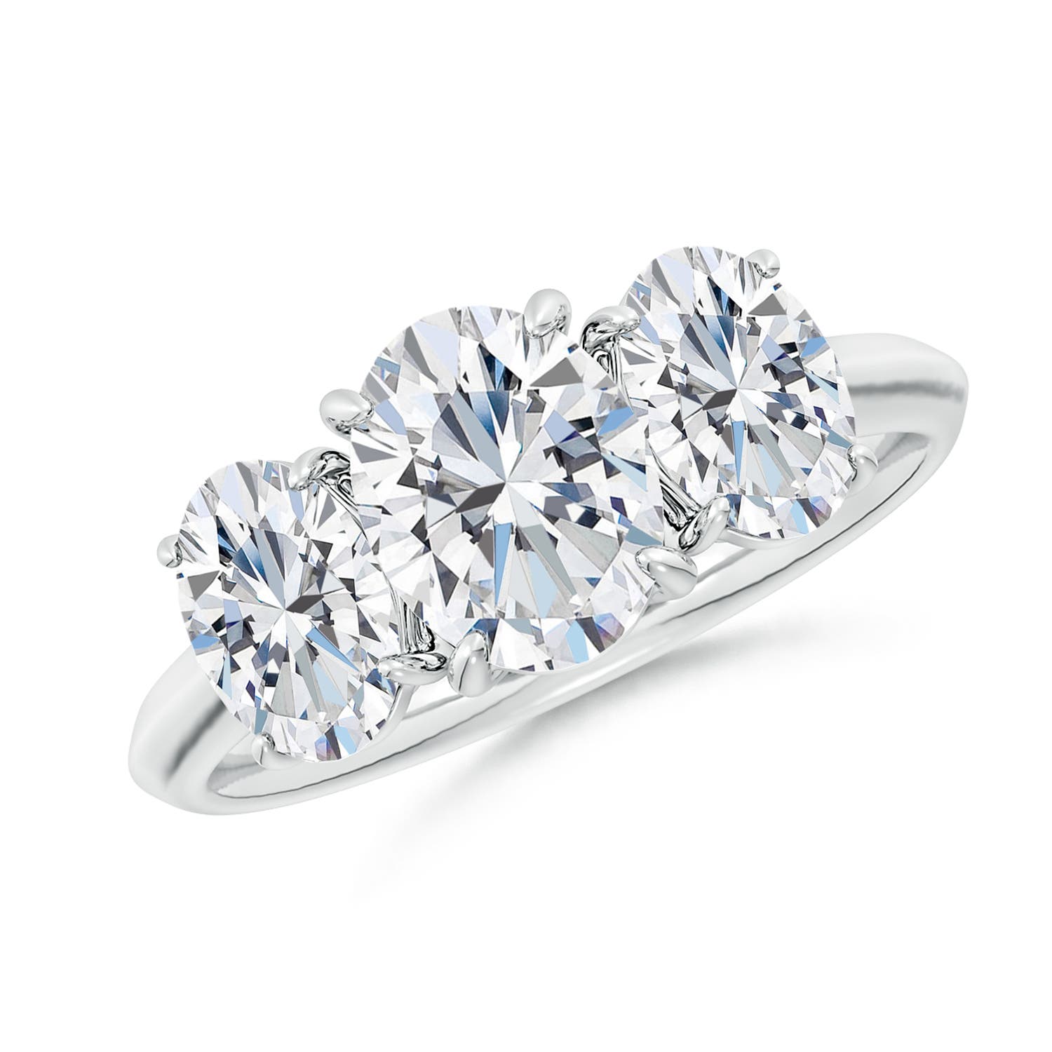 8.5x6.5mm FGVS Lab-Grown Oval Diamond Three Stone Knife-Edge Shank Engagement Ring in 18K White Gold