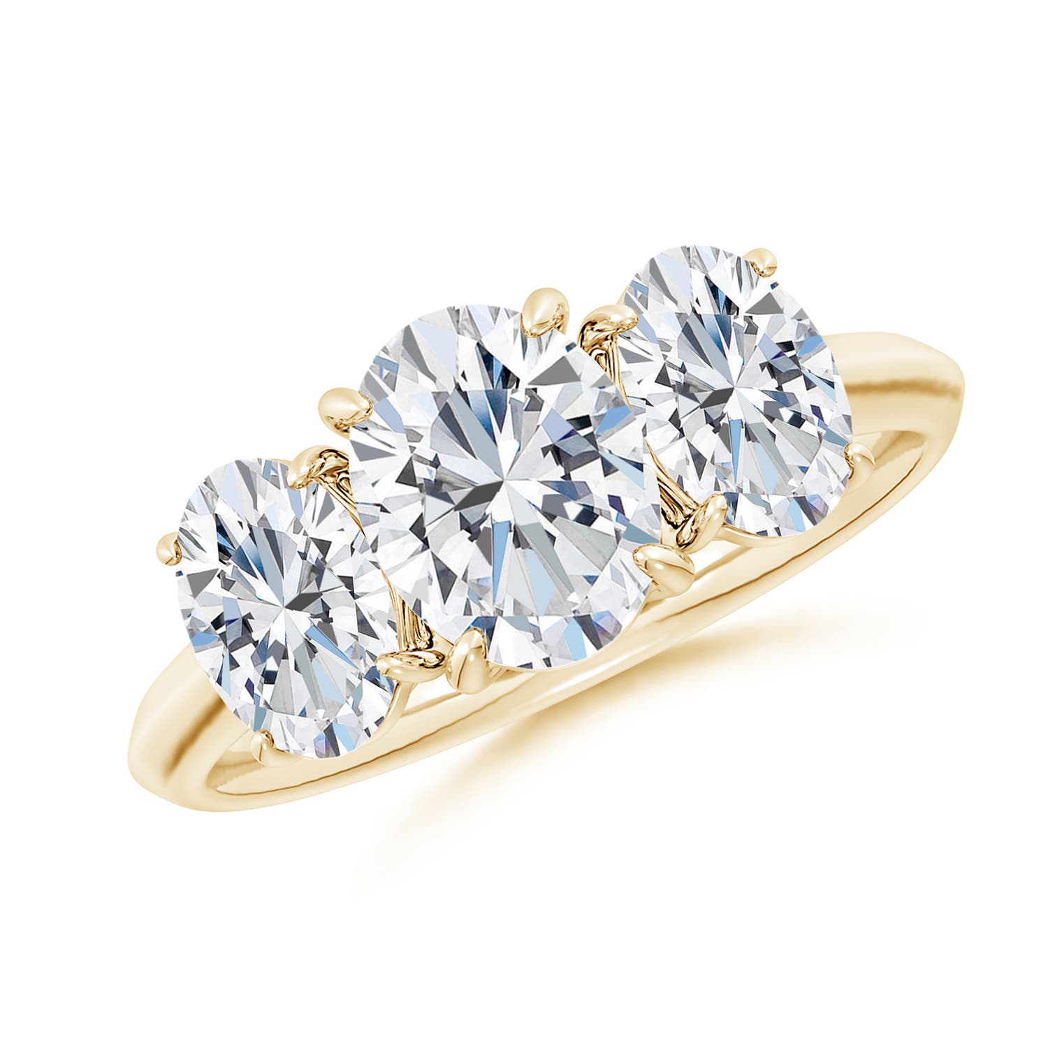 8.5x6.5mm FGVS Lab-Grown Oval Diamond Three Stone Knife-Edge Shank Engagement Ring in 18K Yellow Gold