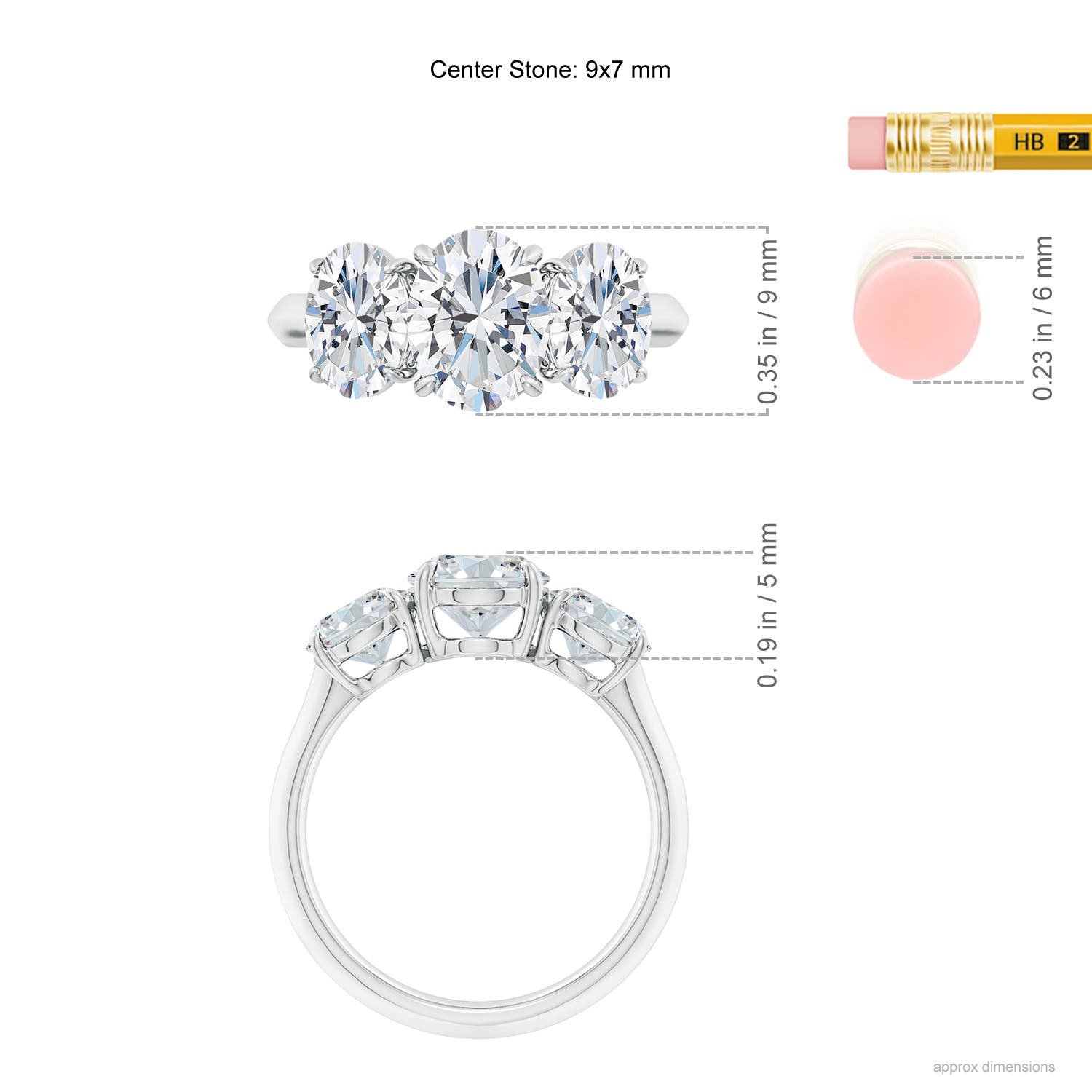 9x7mm FGVS Lab-Grown Oval Diamond Three Stone Knife-Edge Shank Engagement Ring in 18K White Gold - ruler