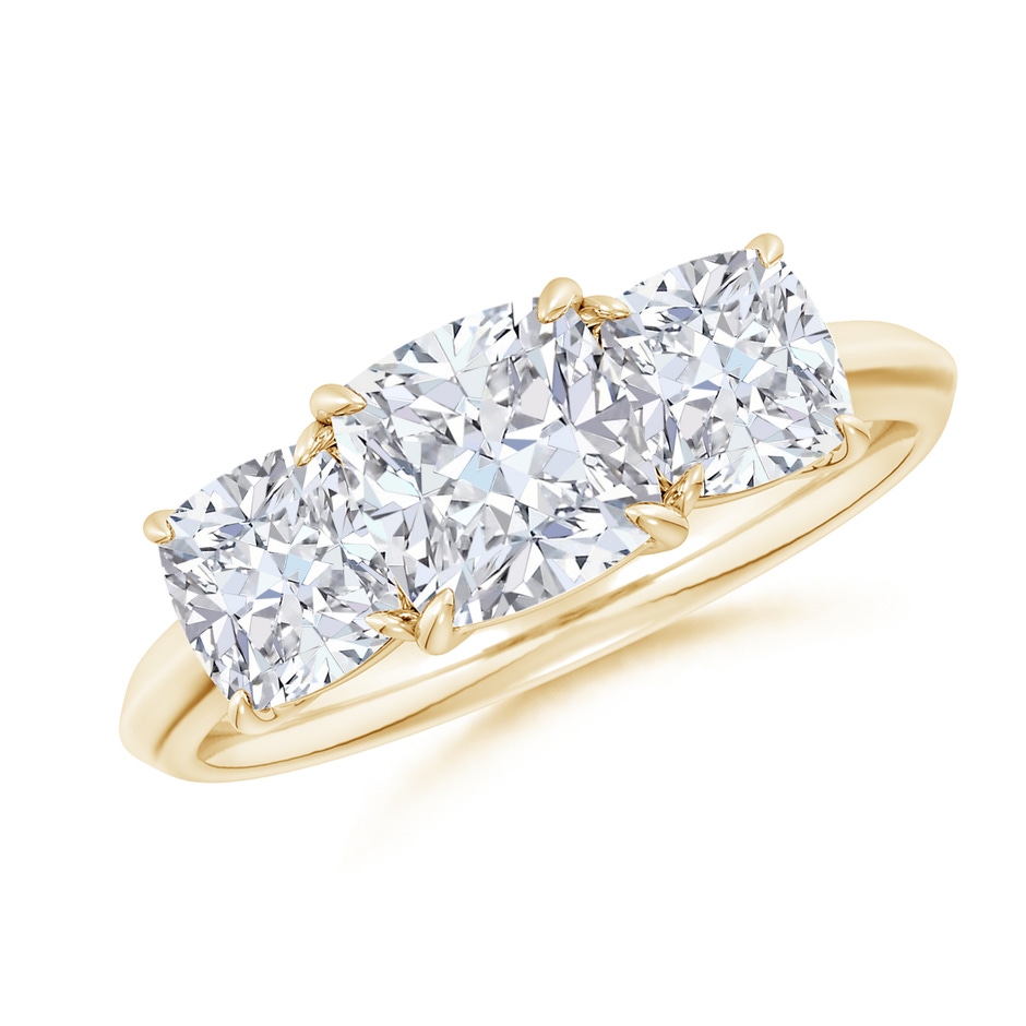 6.5mm FGVS Lab-Grown Cushion Diamond Three Stone Knife-Edge Shank Engagement Ring in Yellow Gold 