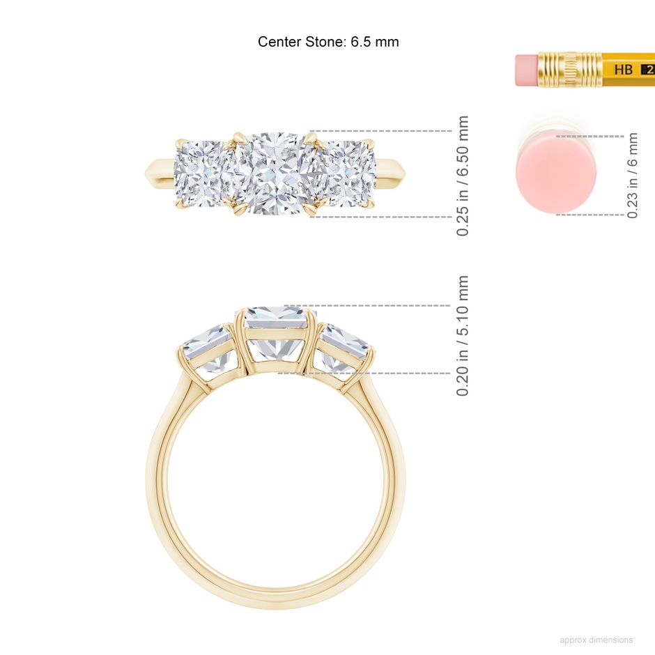 6.5mm FGVS Lab-Grown Cushion Diamond Three Stone Knife-Edge Shank Engagement Ring in Yellow Gold ruler