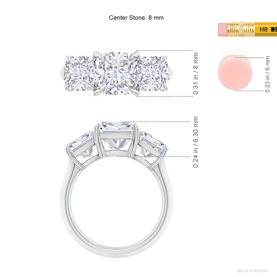 8mm FGVS Lab-Grown Cushion Diamond Three Stone Knife-Edge Shank Engagement Ring in White Gold ruler