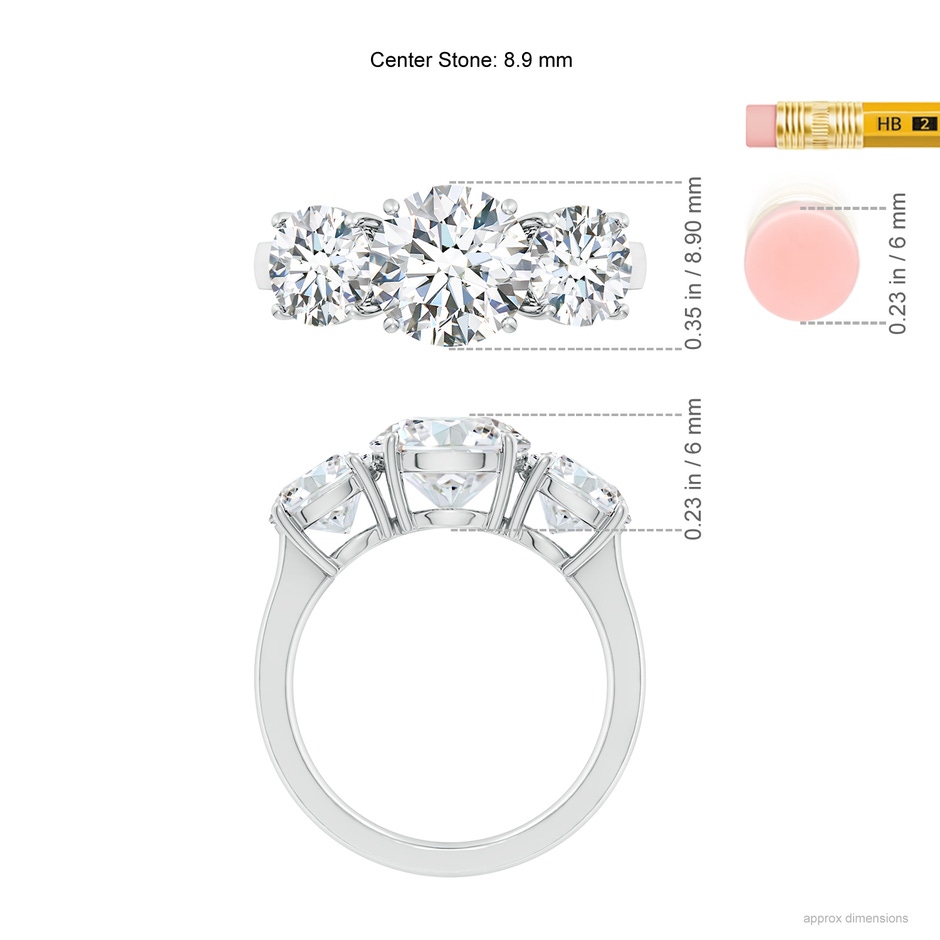 8.9mm FGVS Lab-Grown Round Diamond Three Stone Classic Engagement Ring in P950 Platinum ruler
