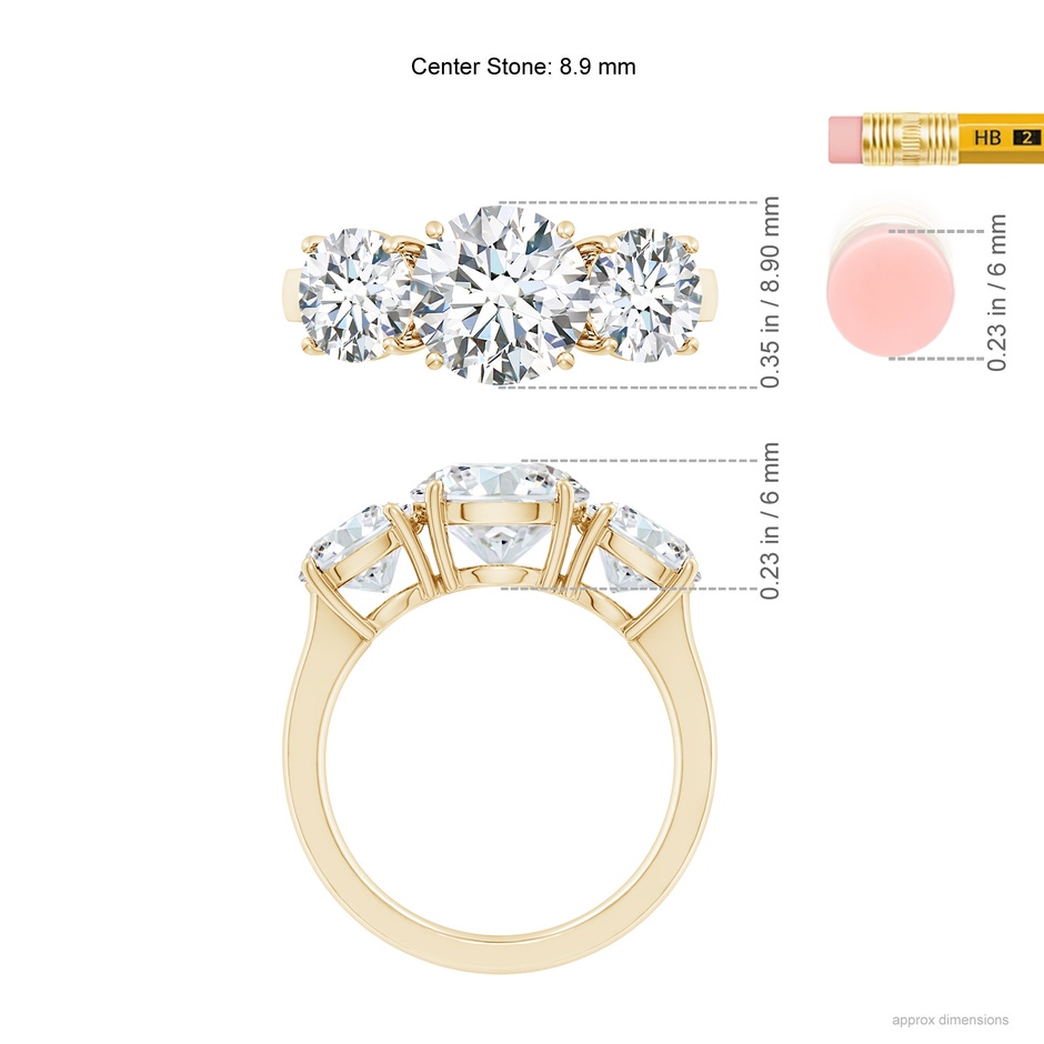 8.9mm FGVS Lab-Grown Round Diamond Three Stone Classic Engagement Ring in Yellow Gold ruler