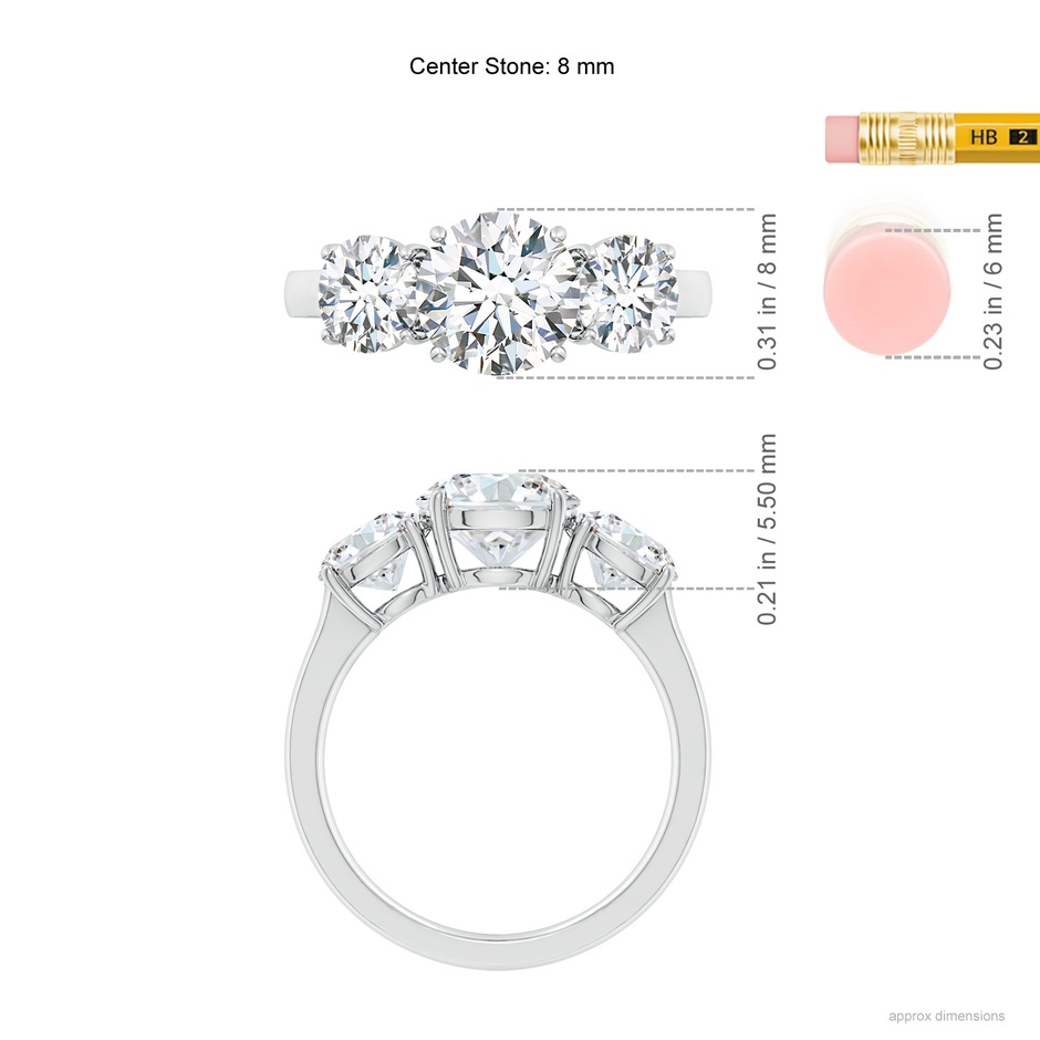 8mm FGVS Lab-Grown Round Diamond Three Stone Classic Engagement Ring in 18K White Gold ruler