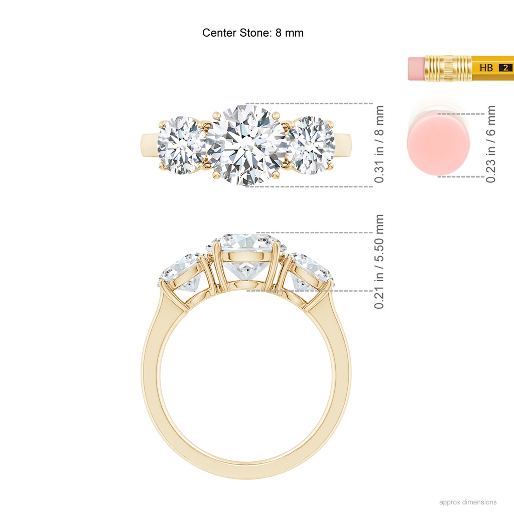 8mm FGVS Lab-Grown Round Diamond Three Stone Classic Engagement Ring in Yellow Gold ruler