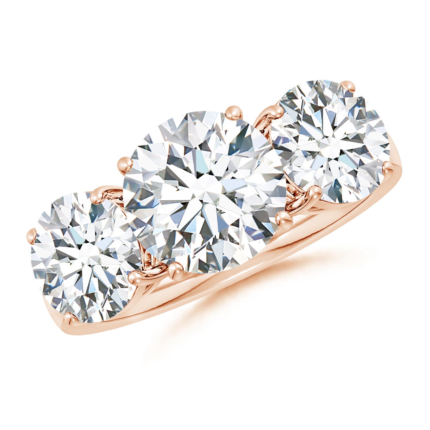 9.2mm FGVS Lab-Grown Round Diamond Three Stone Classic Engagement Ring in Rose Gold