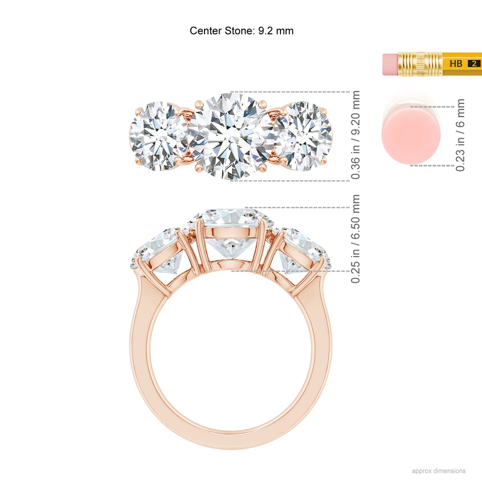 9.2mm FGVS Lab-Grown Round Diamond Three Stone Classic Engagement Ring in Rose Gold ruler
