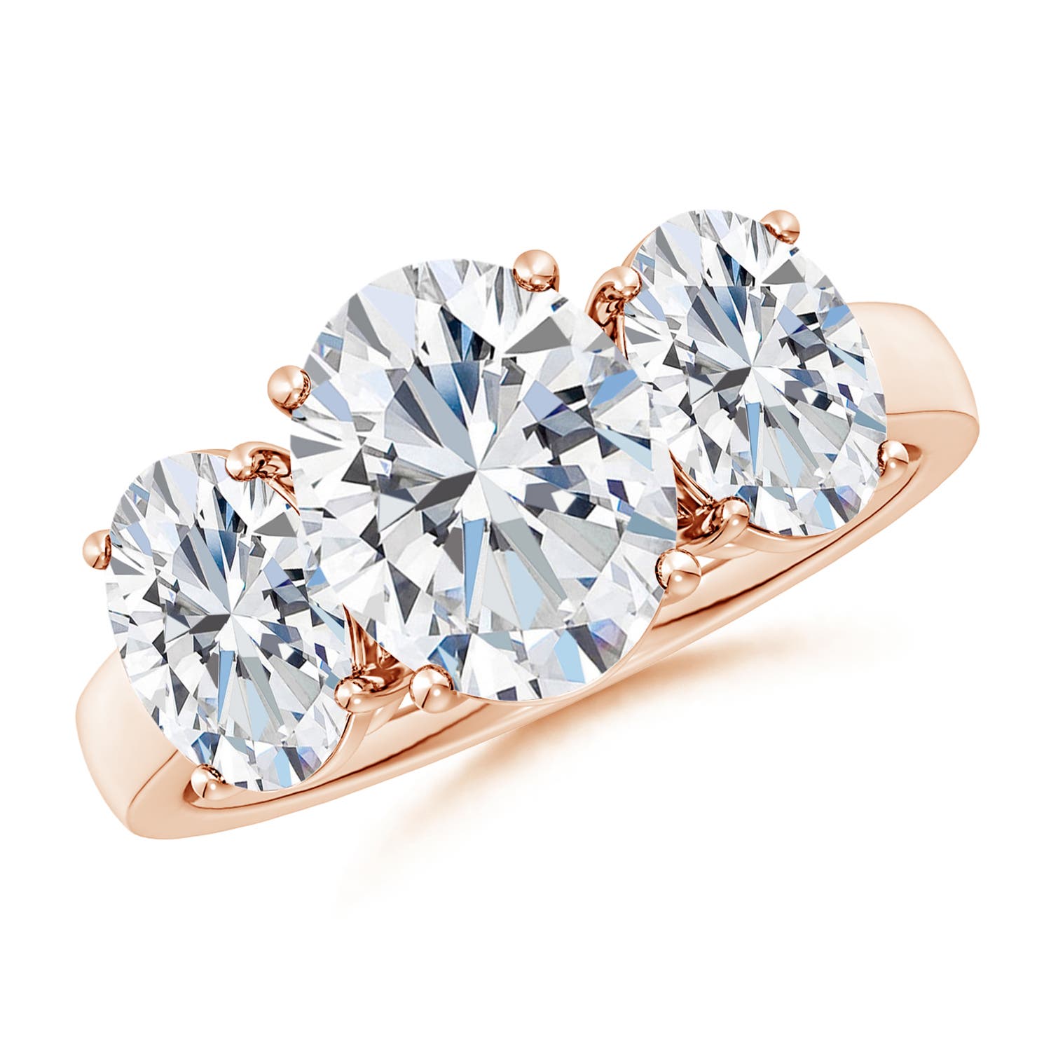 10x8mm FGVS Lab-Grown Oval Diamond Three Stone Classic Engagement Ring in 18K Rose Gold