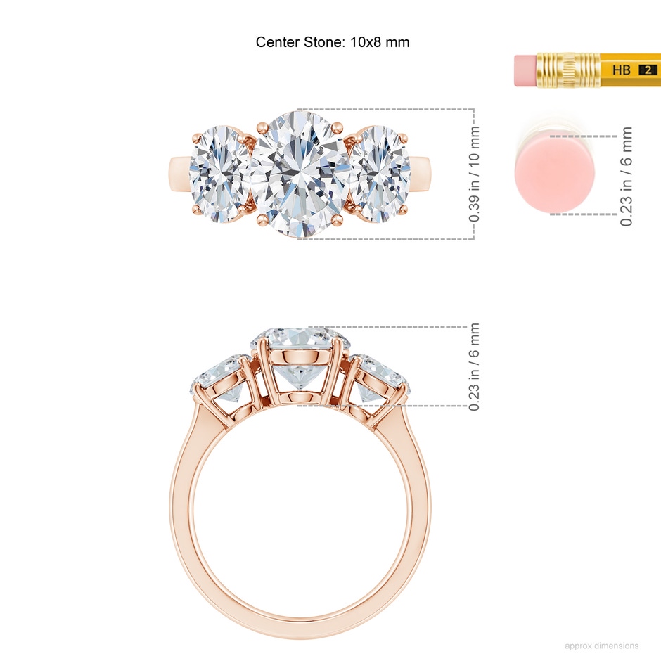 10x8mm FGVS Lab-Grown Oval Diamond Three Stone Classic Engagement Ring in 18K Rose Gold ruler