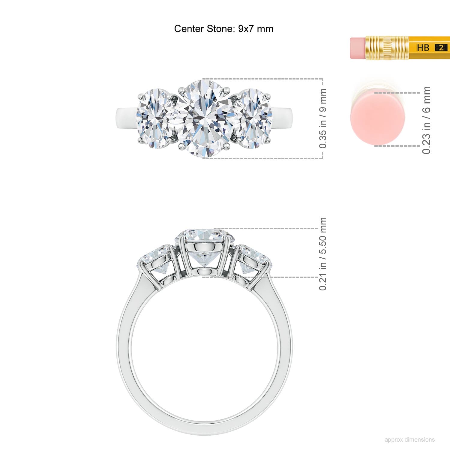 9x7mm FGVS Lab-Grown Oval Diamond Three Stone Classic Engagement Ring in P950 Platinum - ruler