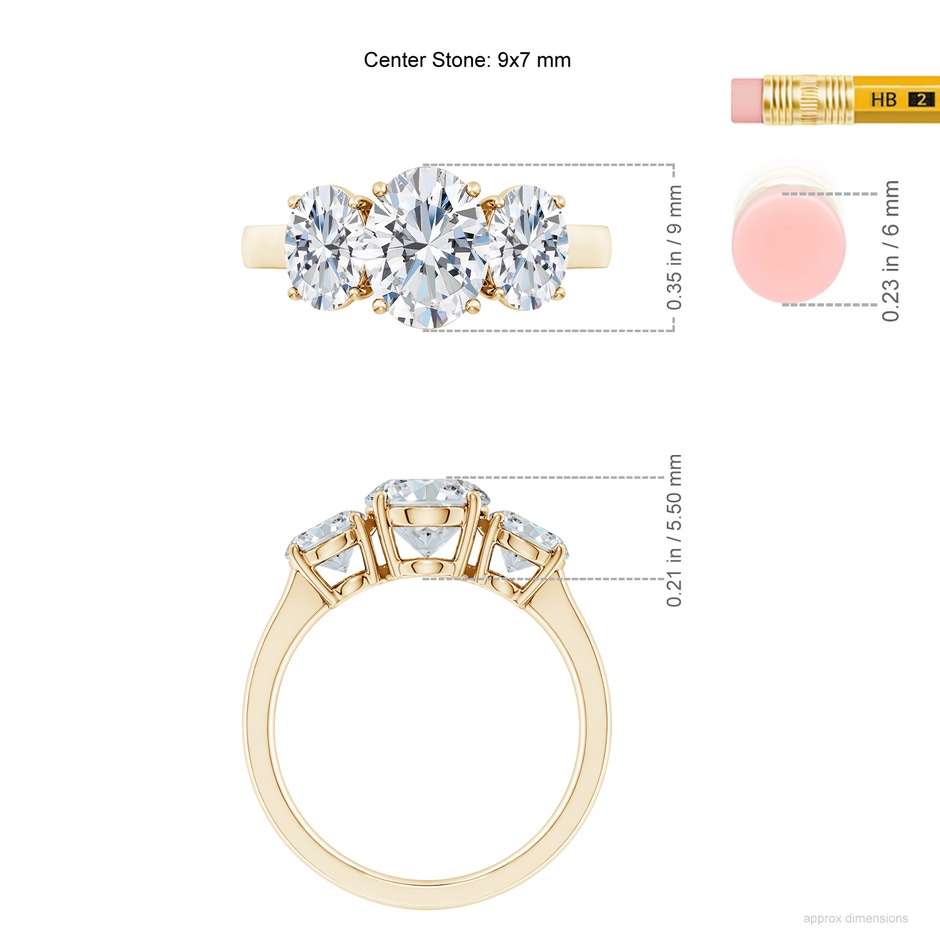 9x7mm FGVS Lab-Grown Oval Diamond Three Stone Classic Engagement Ring in Yellow Gold ruler