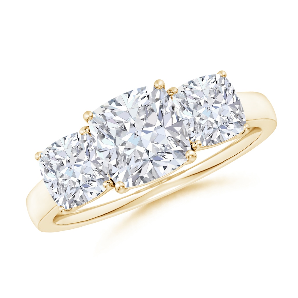 7mm FGVS Lab-Grown Cushion Diamond Three Stone Classic Engagement Ring in Yellow Gold