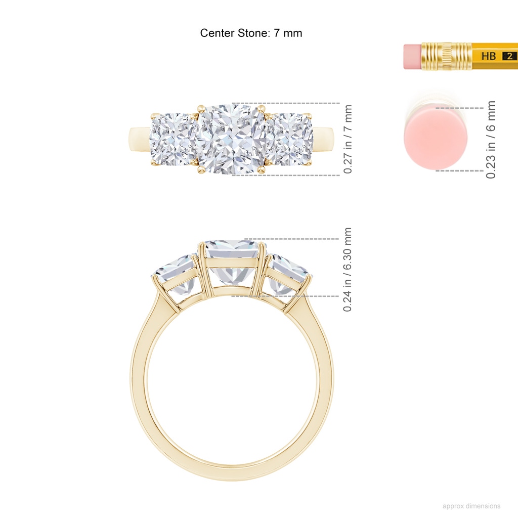 7mm FGVS Lab-Grown Cushion Diamond Three Stone Classic Engagement Ring in Yellow Gold ruler