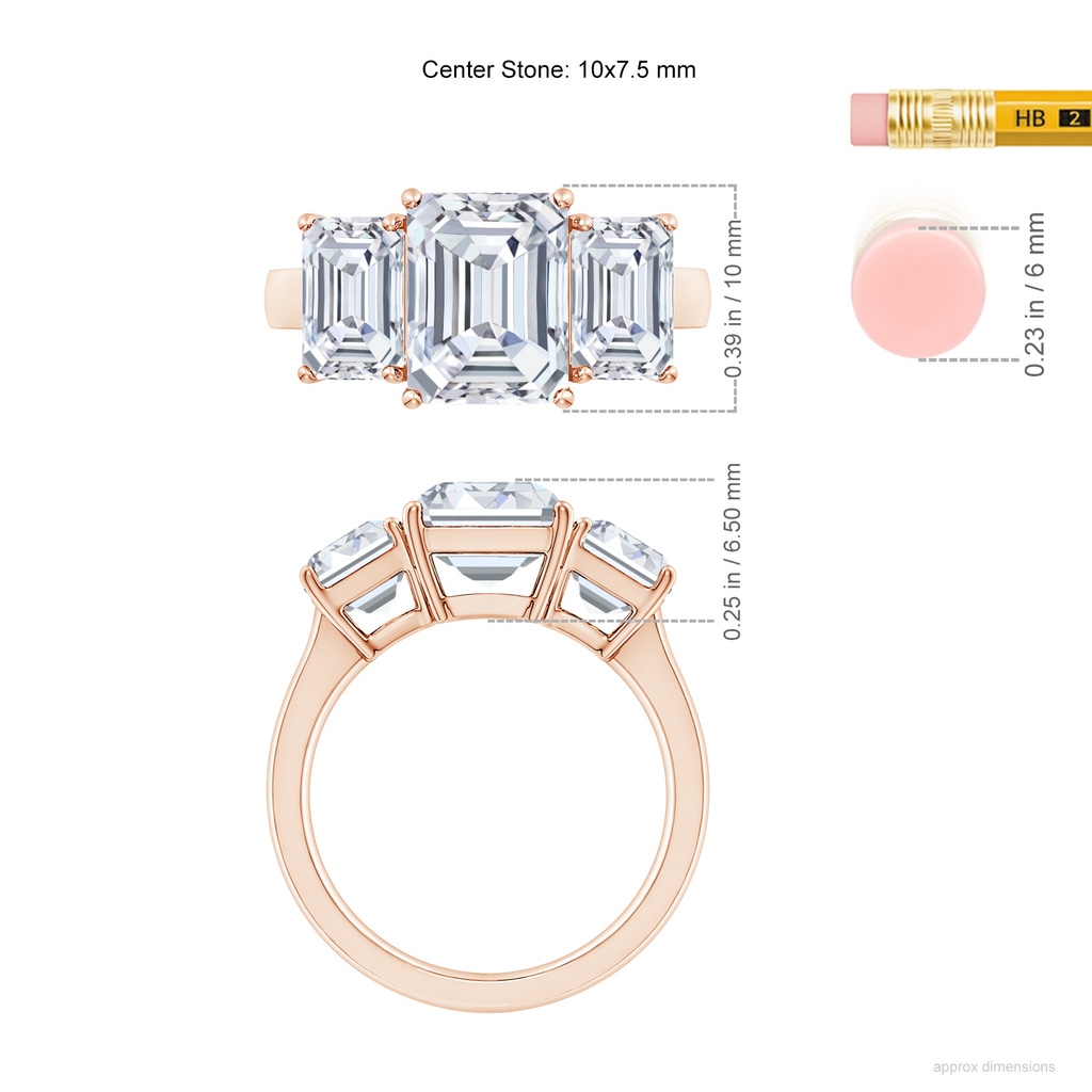 10x7.5mm FGVS Lab-Grown Emerald-Cut Diamond Three Stone Classic Engagement Ring in 18K Rose Gold ruler