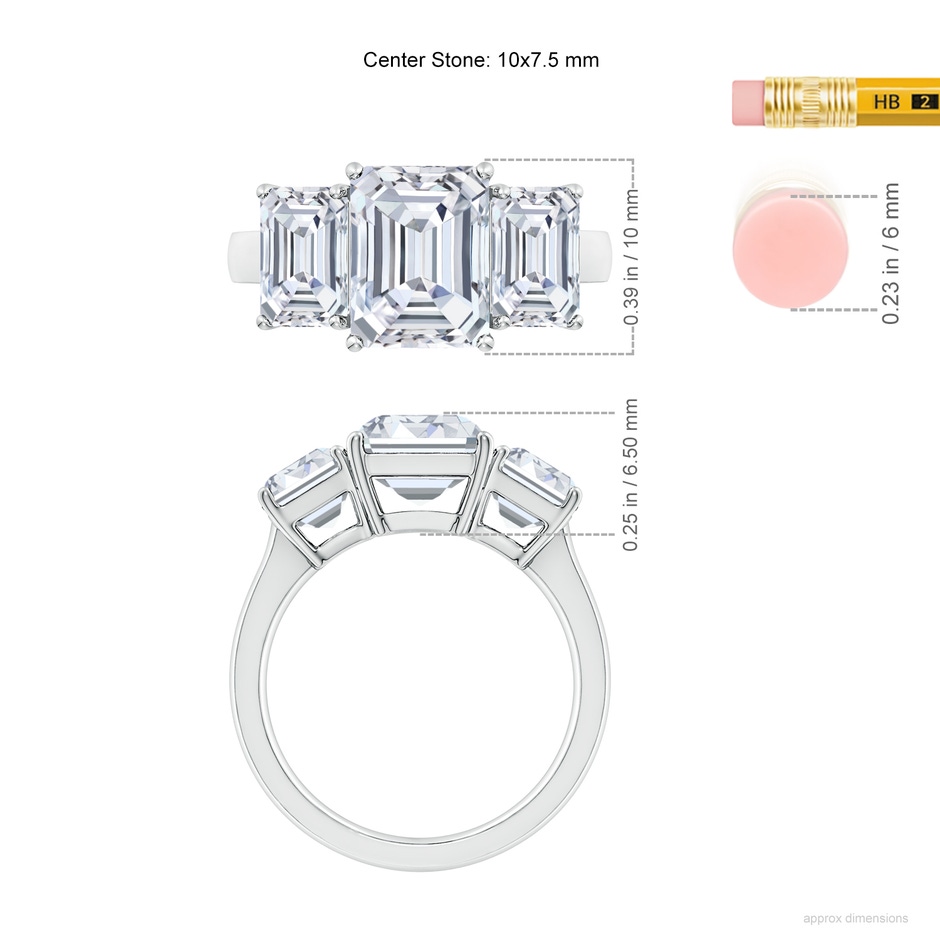 10x7.5mm FGVS Lab-Grown Emerald-Cut Diamond Three Stone Classic Engagement Ring in White Gold ruler