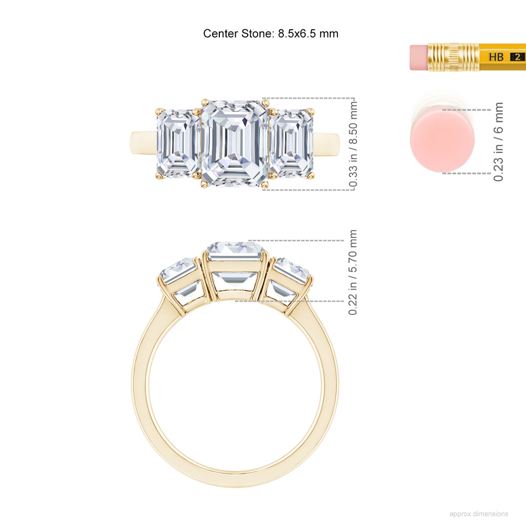 8.5x6.5mm FGVS Lab-Grown Emerald-Cut Diamond Three Stone Classic Engagement Ring in Yellow Gold ruler