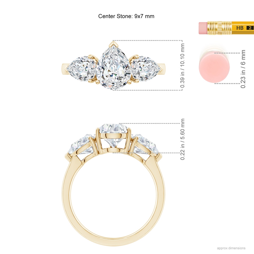 9x7mm FGVS Lab-Grown Pear Diamond Three Stone Classic Engagement Ring in Yellow Gold ruler
