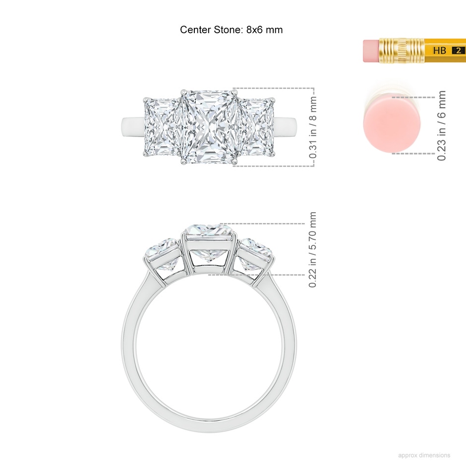 8x6mm FGVS Lab-Grown Radiant-Cut Diamond Three Stone Classic Engagement Ring in White Gold ruler