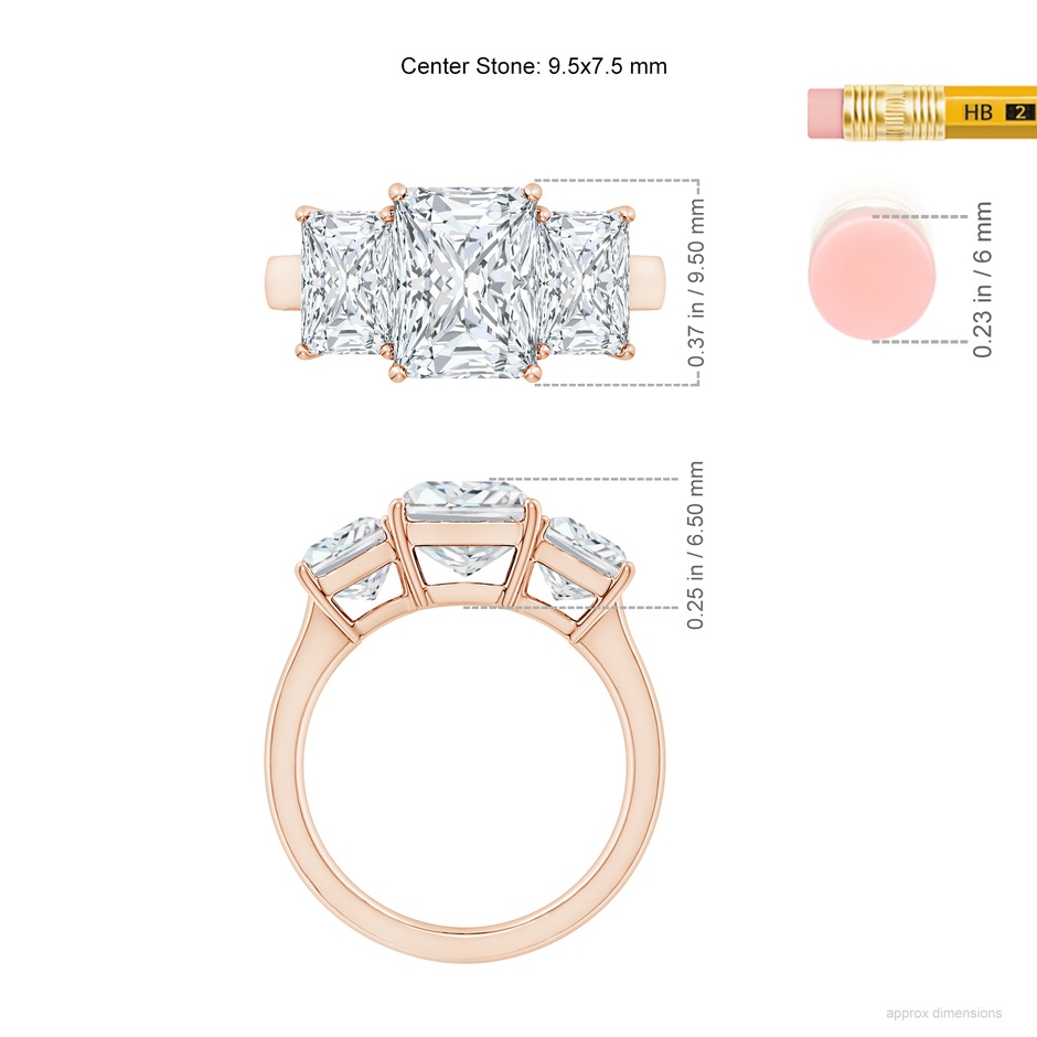 9.5x7.5mm FGVS Lab-Grown Radiant-Cut Diamond Three Stone Classic Engagement Ring in Rose Gold ruler
