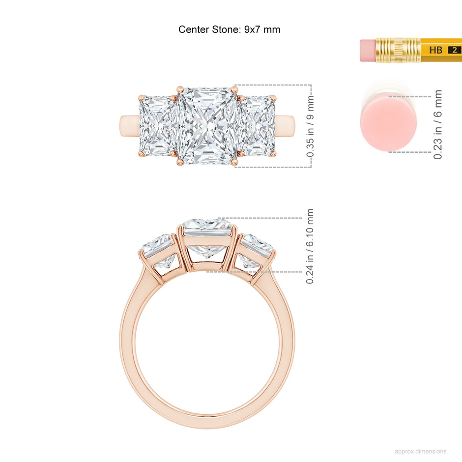 9x7mm FGVS Lab-Grown Radiant-Cut Diamond Three Stone Classic Engagement Ring in 18K Rose Gold ruler