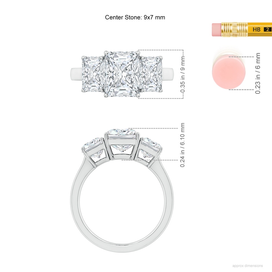 9x7mm FGVS Lab-Grown Radiant-Cut Diamond Three Stone Classic Engagement Ring in P950 Platinum ruler