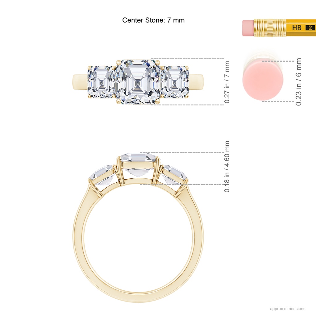 7mm FGVS Lab-Grown Asscher-Cut Diamond Three Stone Classic Engagement Ring in Yellow Gold ruler