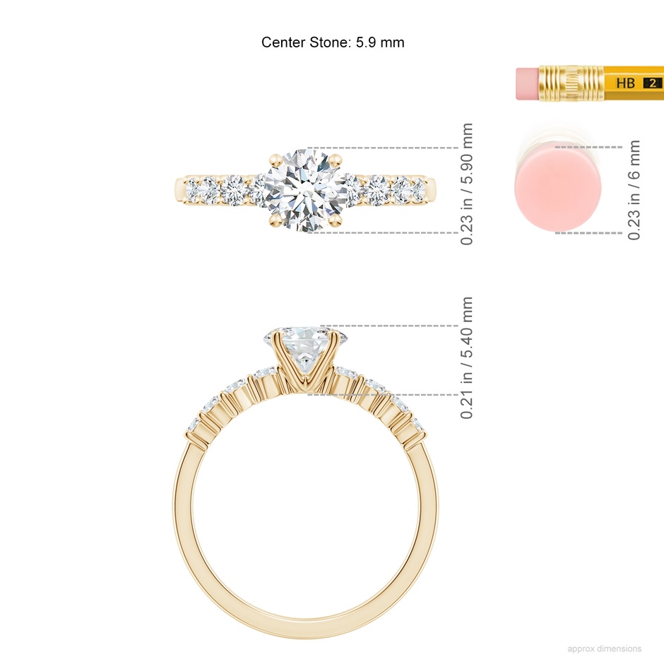 5.9mm FGVS Lab-Grown Solitaire Round Diamond Graduated Engagement Ring in Yellow Gold ruler