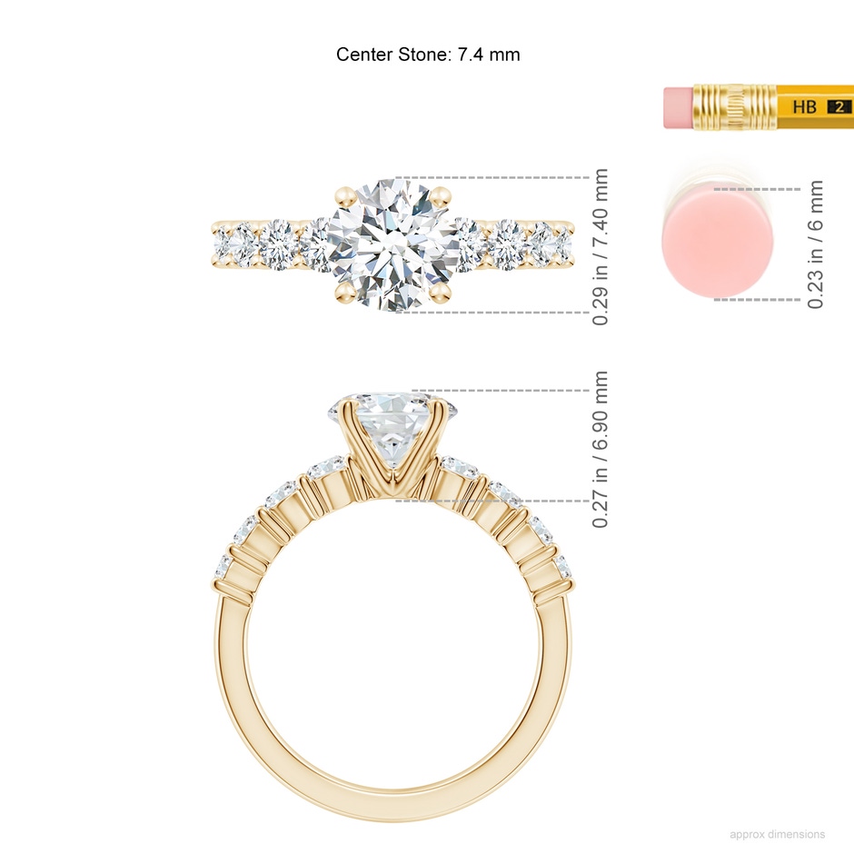 7.4mm FGVS Lab-Grown Solitaire Round Diamond Graduated Engagement Ring in Yellow Gold ruler